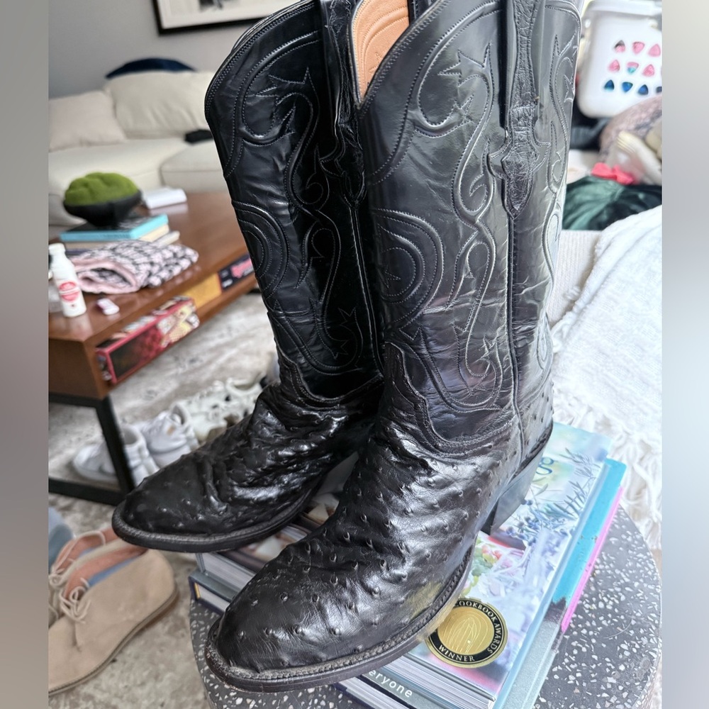 LUCCHESE CLASSICS HANDMADE EXOTIC BLACK OSTRICH VAMP INLAY COWBOY BOOTS 9 1/2